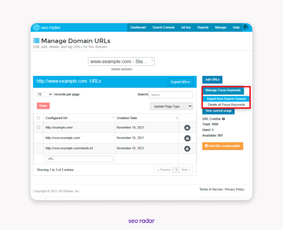 Manage domain URLs on SEORadar