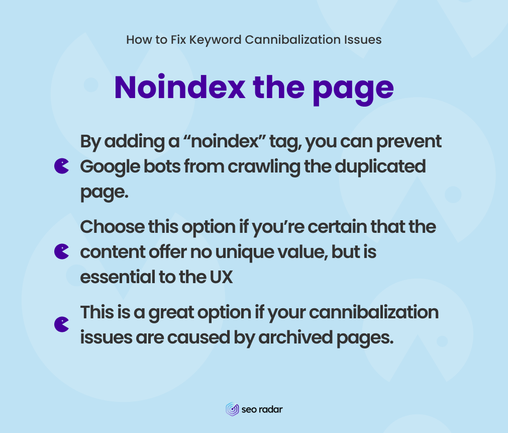 How to fix keyword canibalization by adding Noindex to your page.
