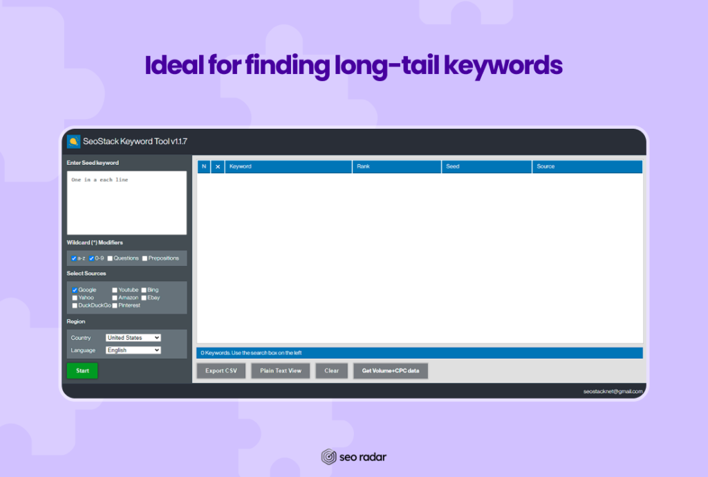 SeoStack Keyword Tool Plugin Dashboard